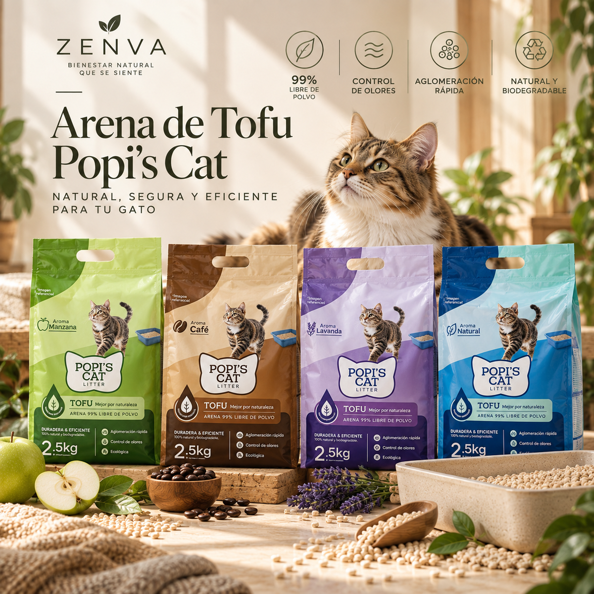 Arena de tofu Popi’s Cat para gatos, 2,5 kg