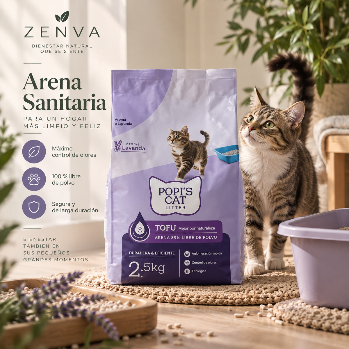 Arena de tofu Popi’s Cat para gatos, 2,5 kg